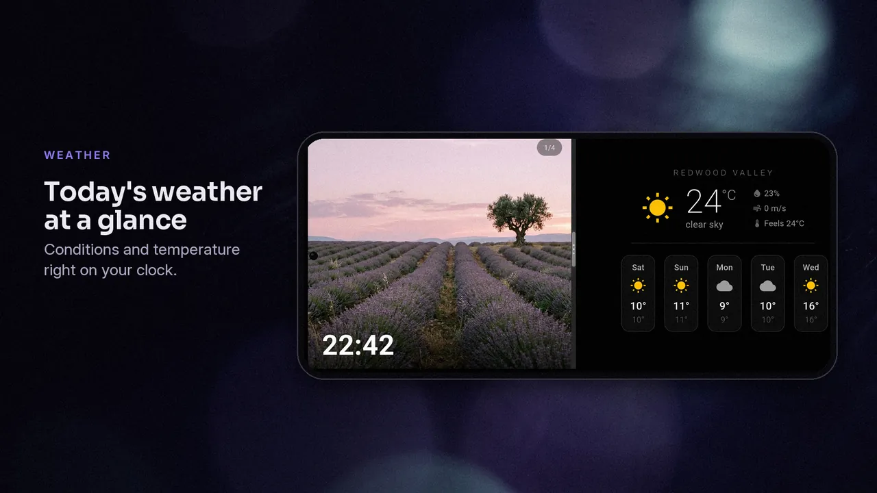 Weather view showing 24 degrees, clear sky and a five-day forecast beside a photo and the time