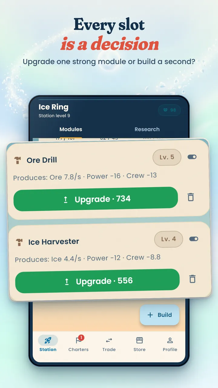 Module cards for an Ore Drill and an Ice Harvester showing output, power and crew costs with upgrade buttons
