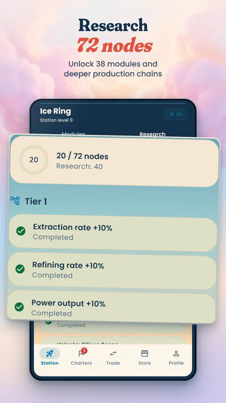 Research screen at 20 of 72 nodes with completed extraction, refining and power upgrades