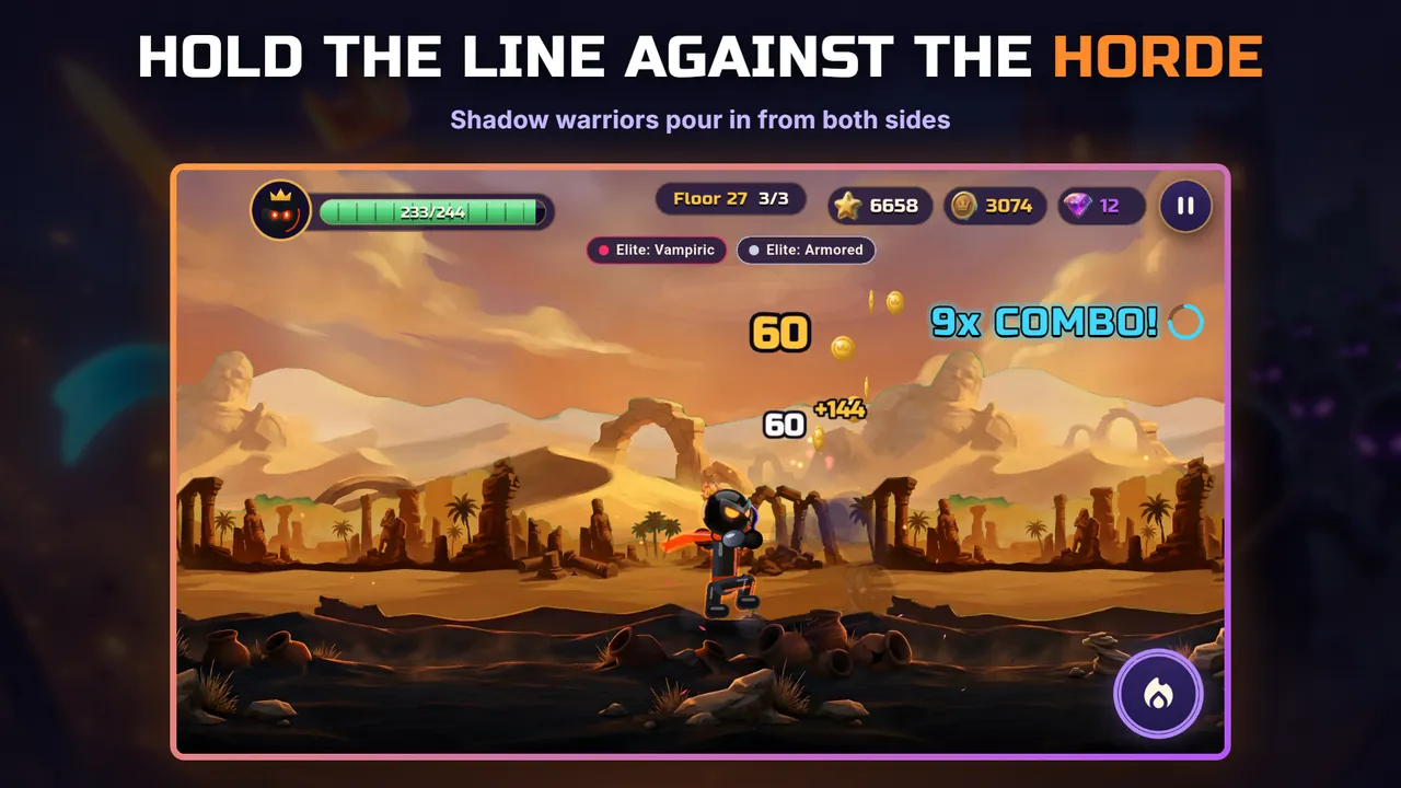 A stickman warrior fighting in a desert on Shadow Tower floor 27, with a 9x combo and Vampiric and Armored elite tags
