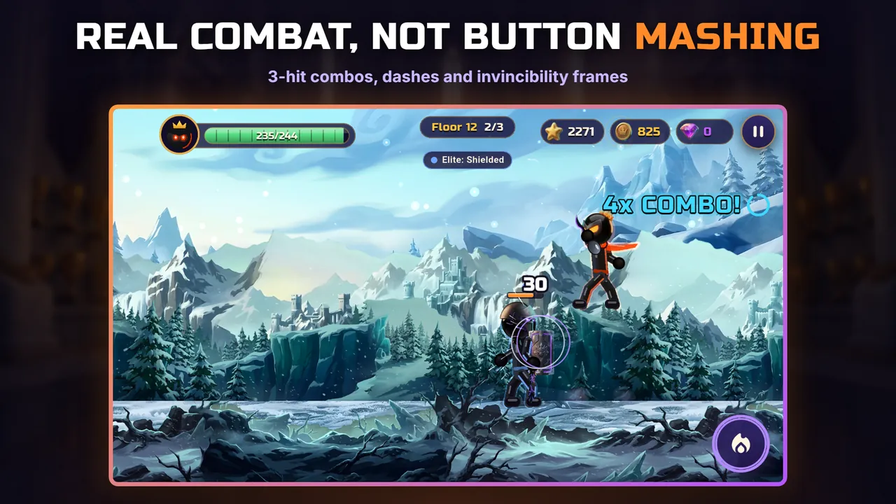 A fight in snowy mountains with a 4x combo against a Shielded elite shadow warrior