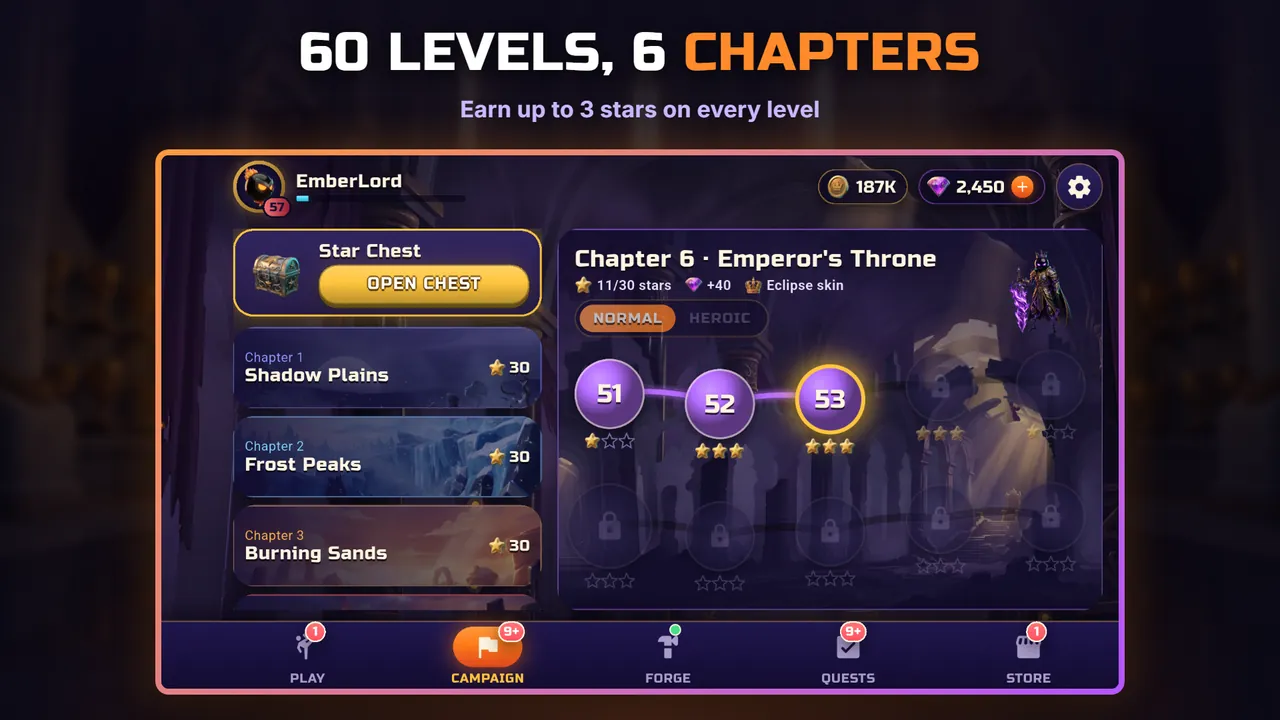 The campaign screen at Chapter 6, Emperor's Throne, with levels 51 to 53 and the chapter list beside it