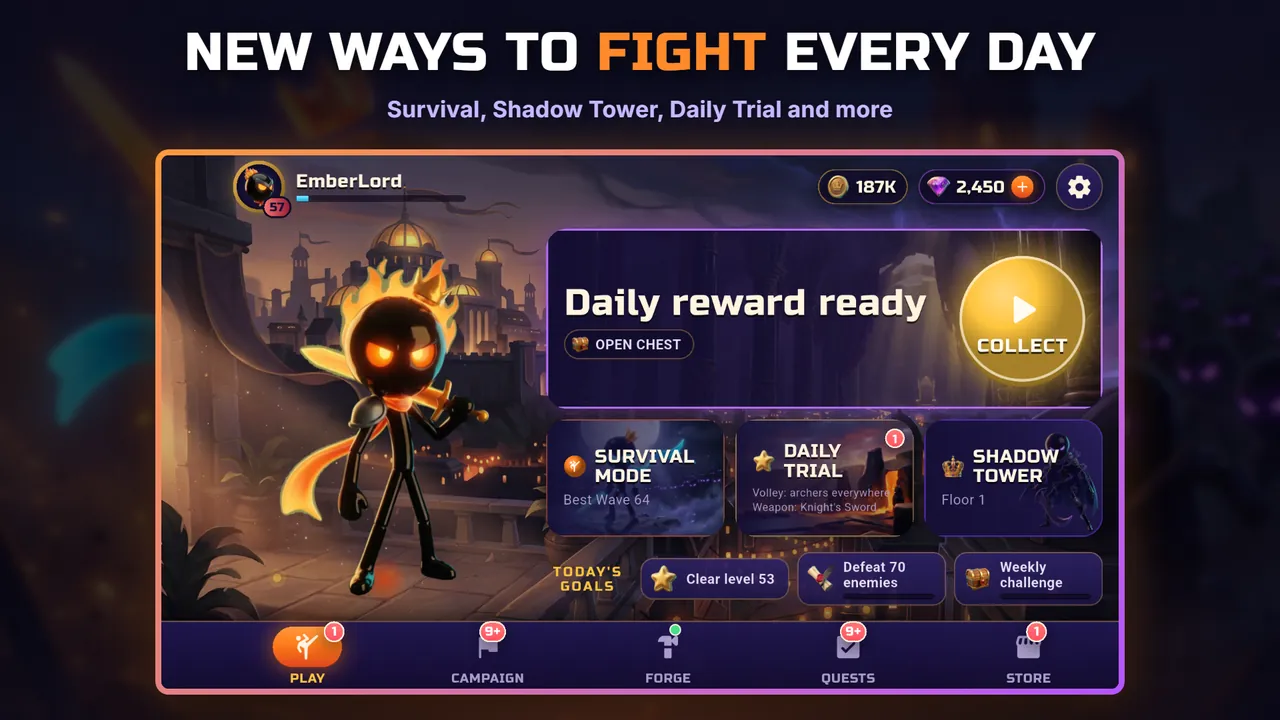 The home screen with a daily reward ready, Survival Mode, Daily Trial, Shadow Tower and today's goals