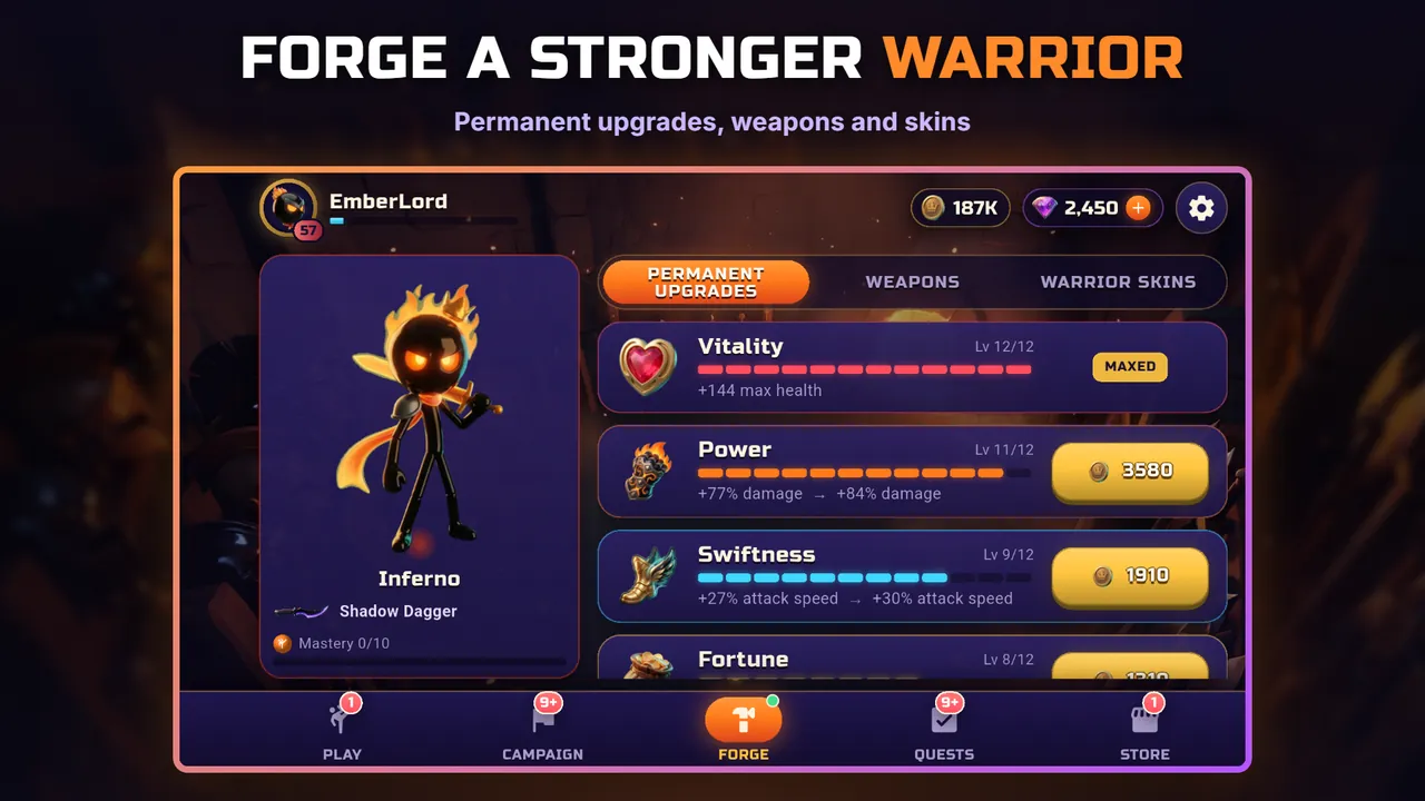 The Forge with permanent upgrades for Vitality, Power, Swiftness and Fortune next to a fiery warrior holding a Shadow Dagger