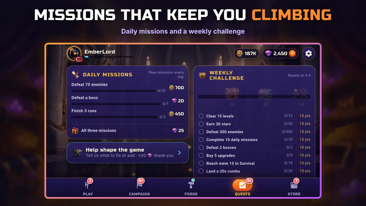 Daily missions and a weekly challenge list with coin and gem rewards