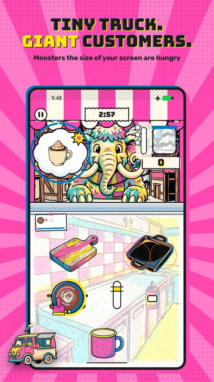 A woolly mammoth customer at the food truck hatch asking for a hot drink, above the cutting board, grill, pot and sauce stations