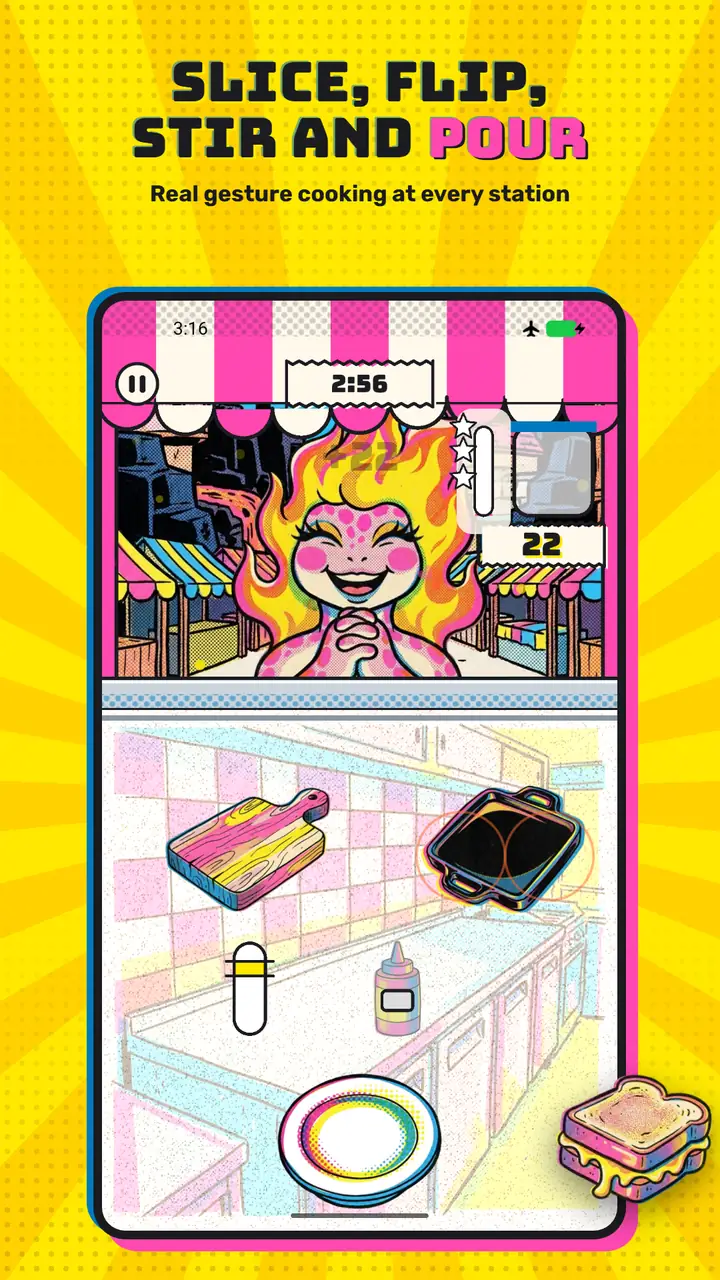 A smiling monster with flaming hair waiting at the hatch while the kitchen stations sit ready below