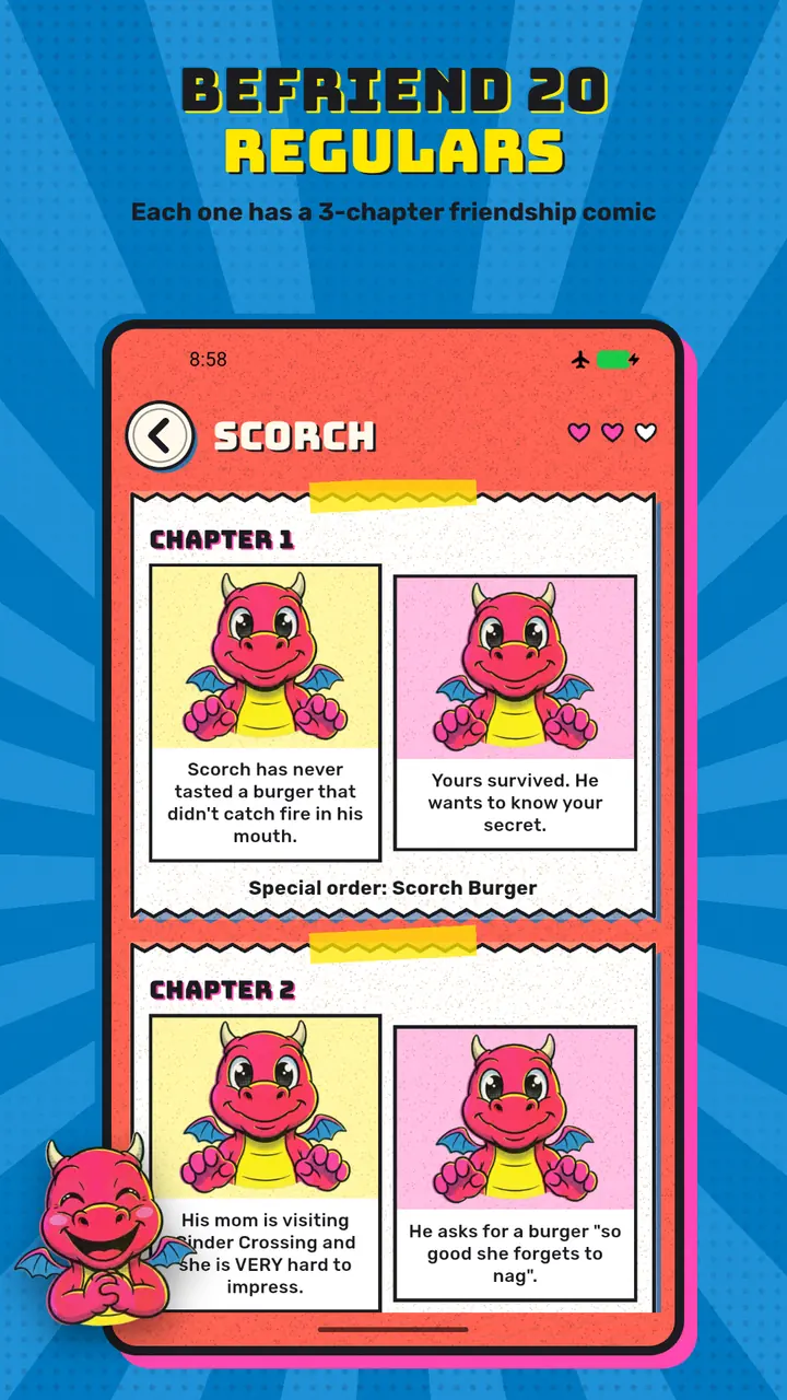 Scorch the dragon's friendship comic, chapters one and two, with the special order Scorch Burger