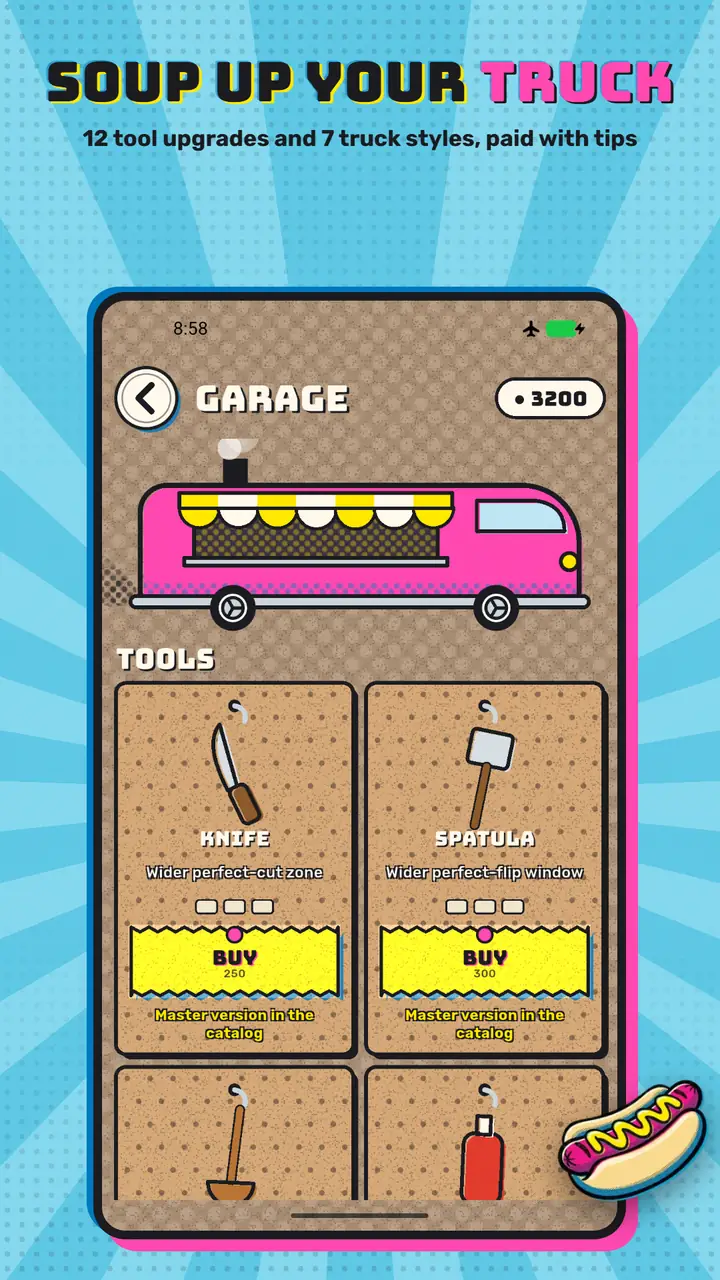The Garage with the pink food truck and tool upgrades for the knife and the spatula