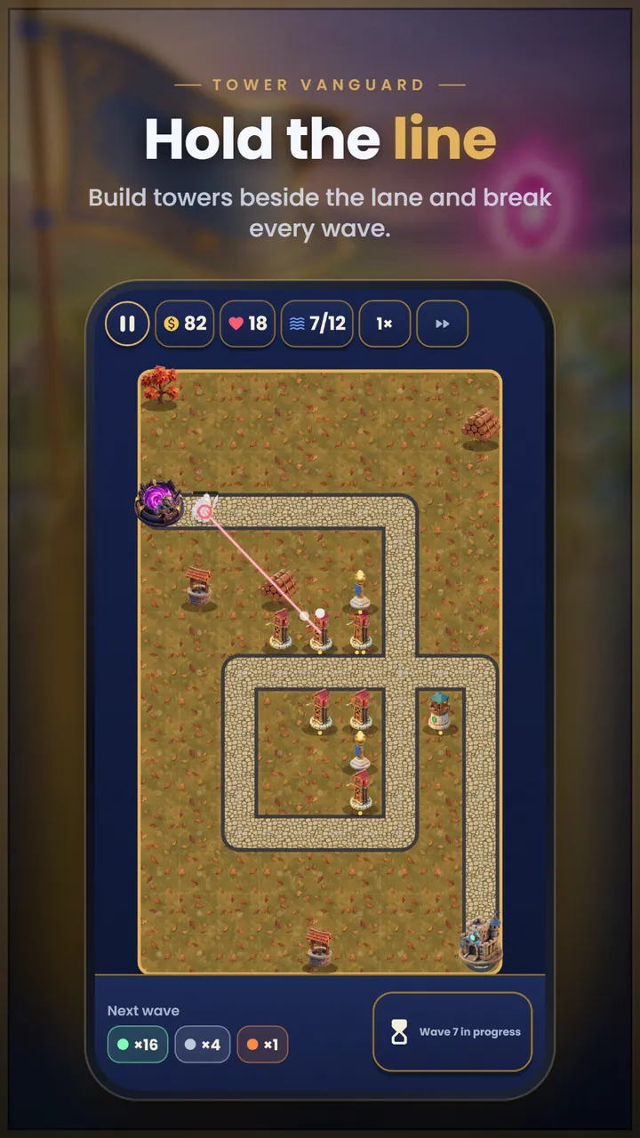 An autumn map where towers beside a winding cobblestone lane fire at enemies during wave 7 of 12