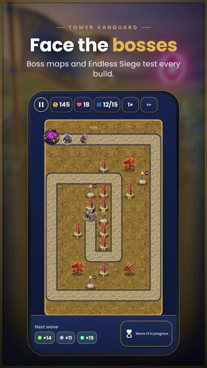 A boss map with a looping lane lined with towers during wave 12 of 15
