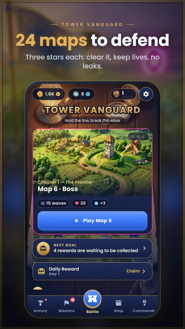 The home screen with Chapter I, The Frontier, Map 6 Boss ready to play and a daily reward to claim