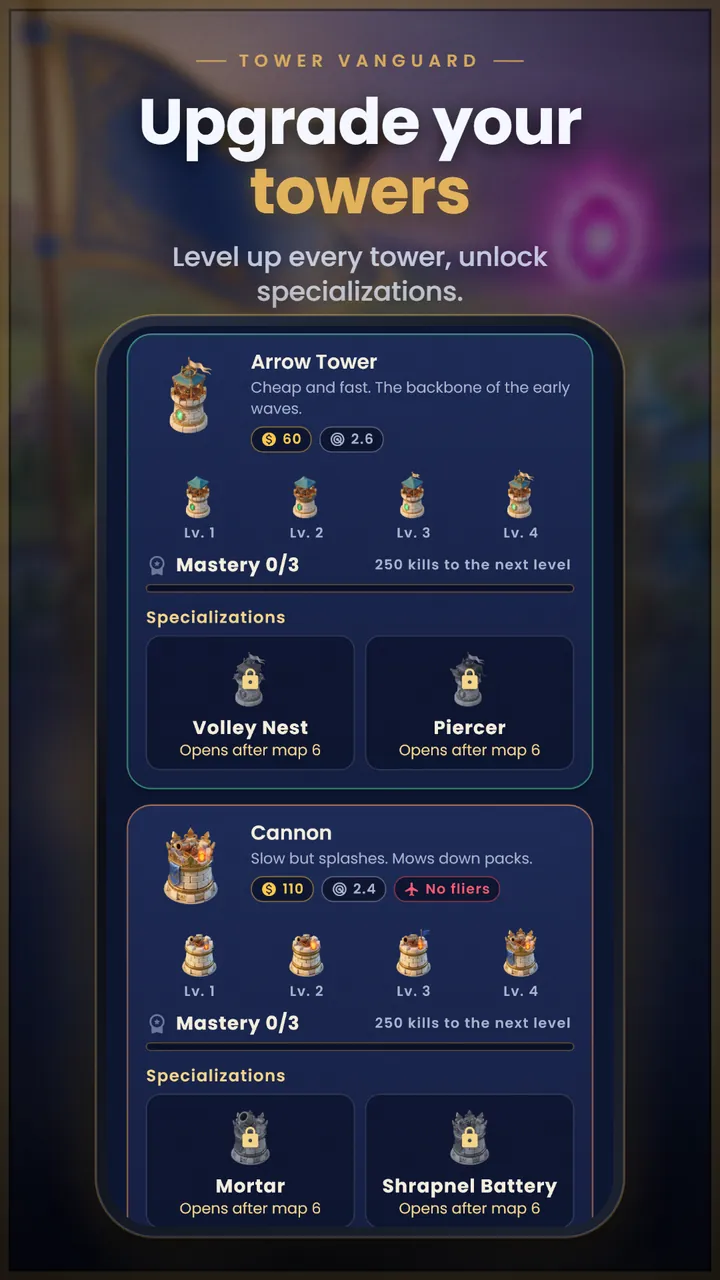 Tower upgrades for the Arrow Tower and the Cannon, with four levels, mastery and two specializations each