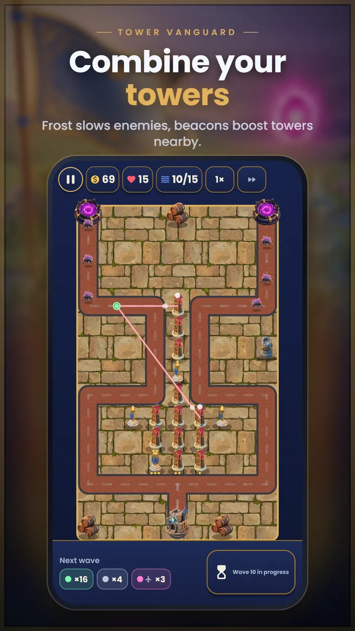 A stone map with two enemy portals, where beacon links connect towers across the lanes during wave 10 of 15