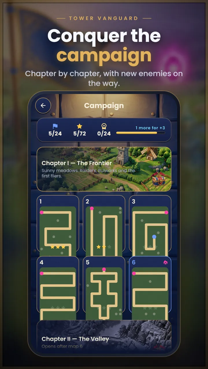 The campaign screen with Chapter I, The Frontier, its six lane layouts and stars, and Chapter II, The Valley, still locked