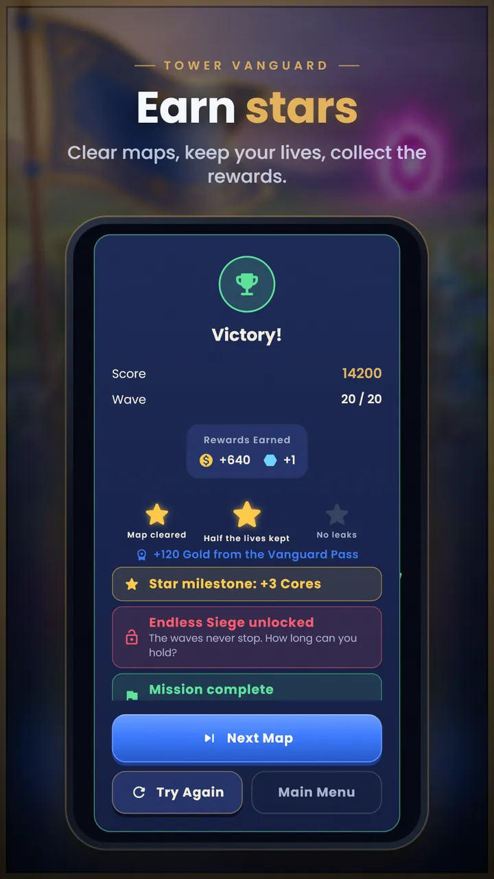 A victory screen at wave 20 of 20 with two of three stars, rewards and Endless Siege unlocked