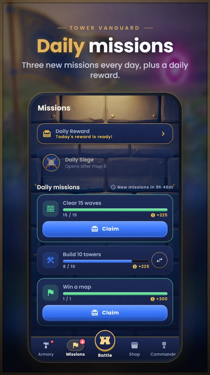 The Missions screen with a daily reward, the Daily Siege and three daily missions to claim