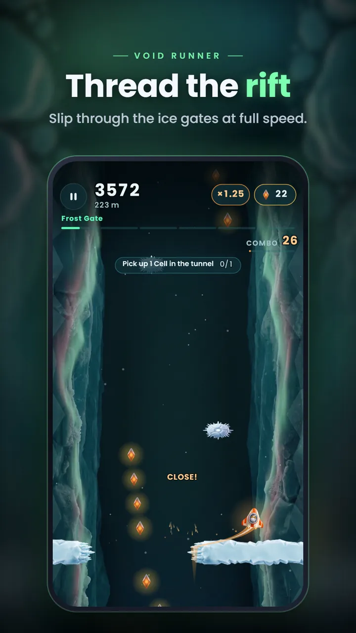 A small ship weaving through ice gates in the Frost Gate zone, with shards, a combo of 26 and a Close! near-miss call
