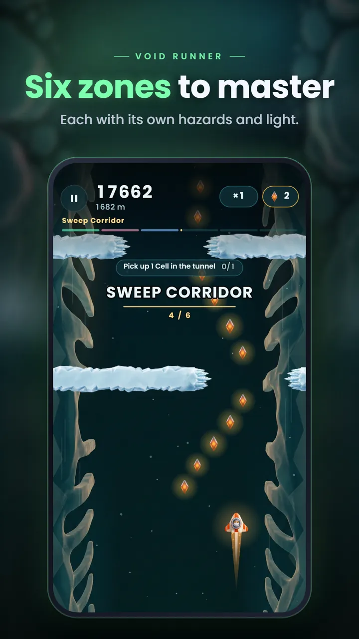 The ship entering Sweep Corridor, zone 4 of 6, with a trail of shards between ice walls
