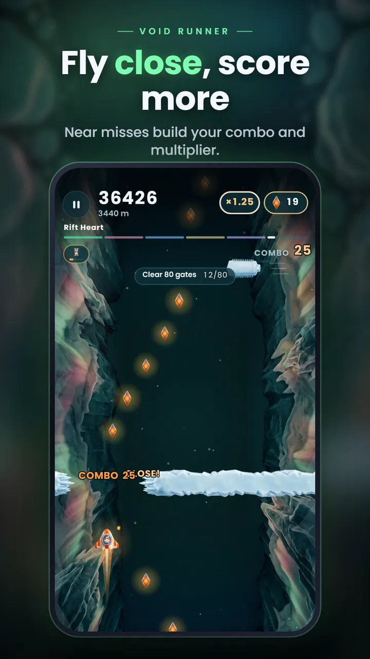 A near miss past an ice wall in the Rift Heart zone that keeps a combo of 25 going