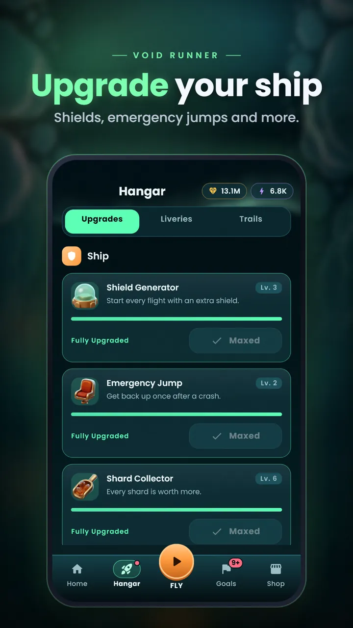 Hangar upgrades for the Shield Generator, Emergency Jump and Shard Collector