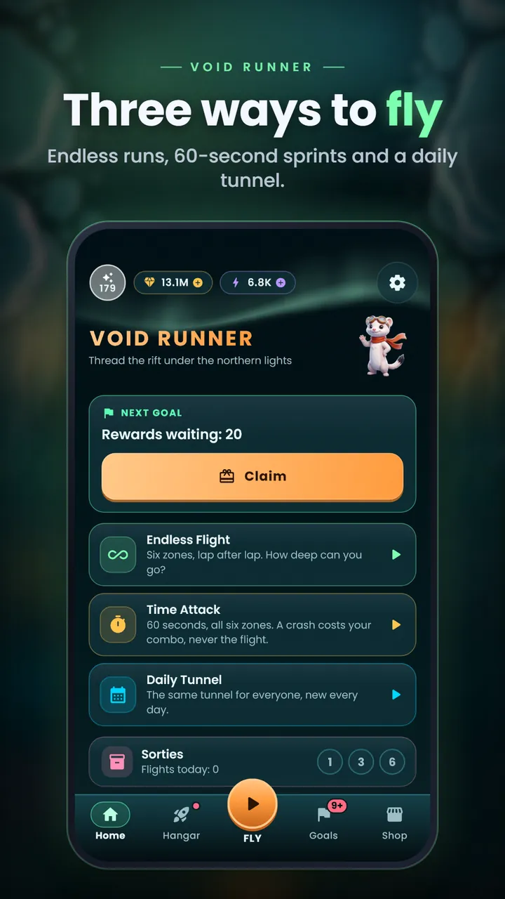 The home screen with Zeph the ermine and the Endless Flight, Time Attack and Daily Tunnel modes