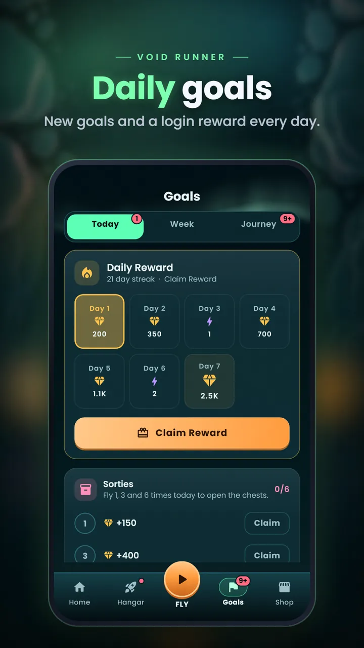 The Goals screen with a seven-day daily reward and Sorties chests for flying 1, 3 and 6 times a day