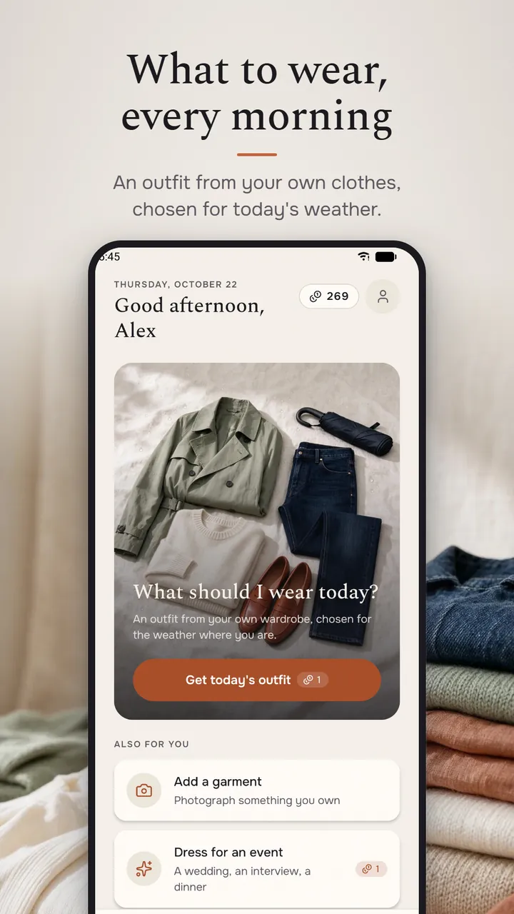 Home screen greeting Alex, with a flat lay of a green trench coat, jeans, a sweater and loafers and a Get today's outfit button