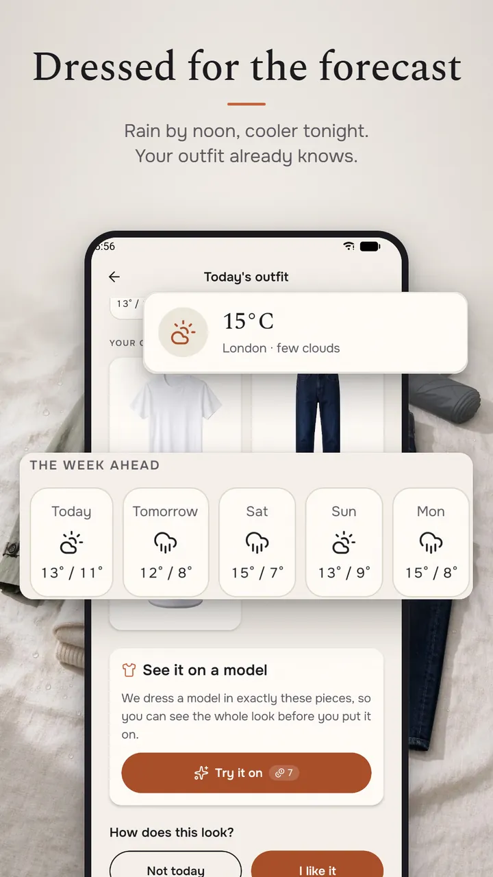 Today's outfit with a white T-shirt and jeans, the current 15 °C weather, a five-day forecast and a Try it on button
