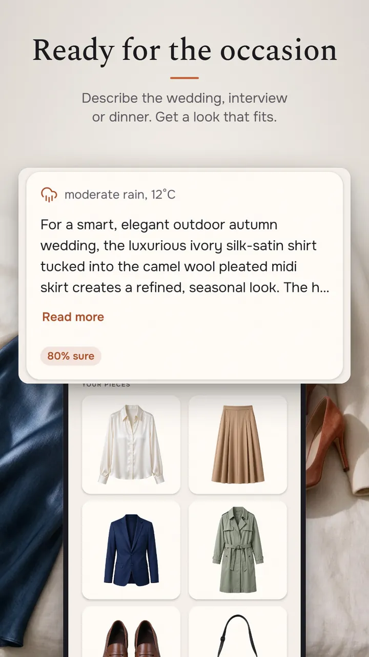 An event look for an outdoor autumn wedding in moderate rain, built from an ivory satin shirt, a camel pleated skirt and other pieces