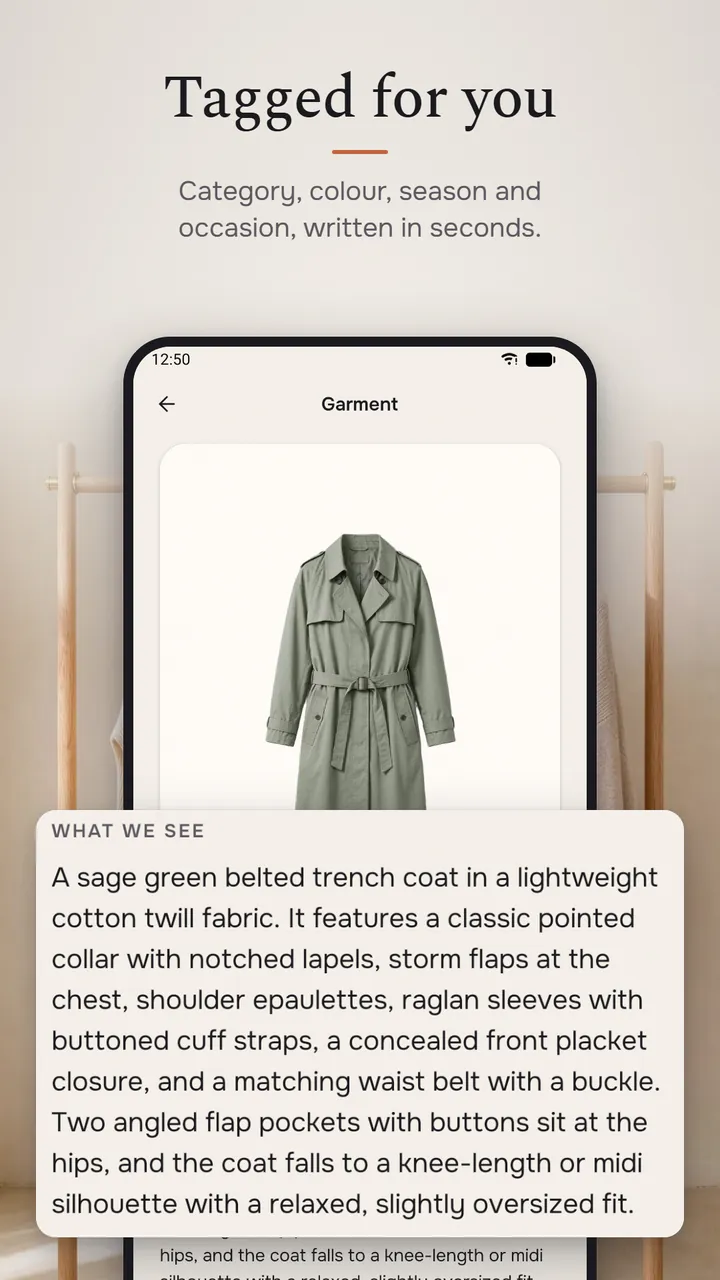A garment page for a sage green trench coat with a detailed AI description of its fabric, collar, belt and pockets