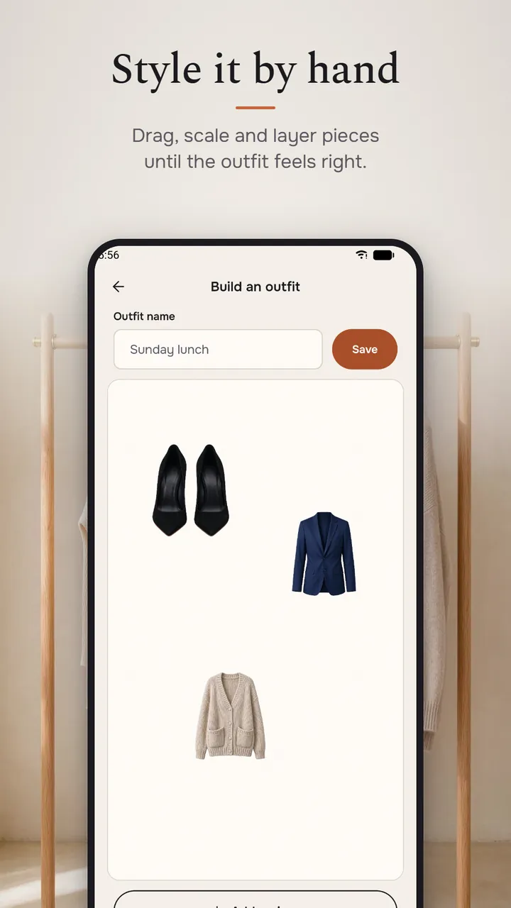 The Build an outfit canvas with heels, a navy blazer and a beige cardigan arranged for an outfit named Sunday lunch