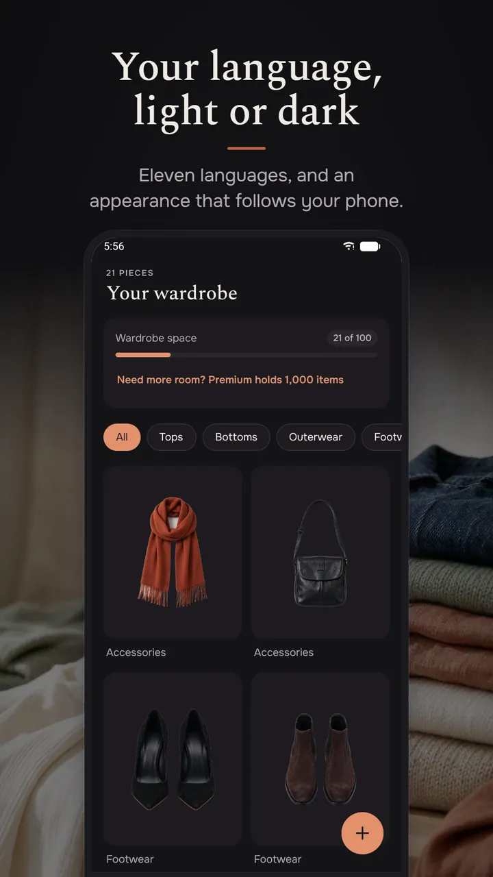 The wardrobe screen in the dark appearance, with the same scarf, bag and shoes